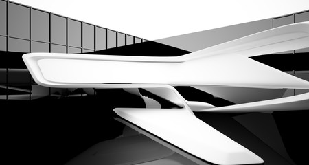 Abstract smooth architectural white and black gloss interior of a minimalist house with large windows. 3D illustration and rendering.