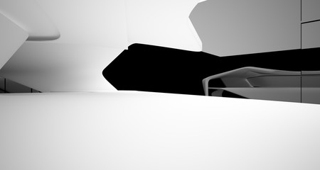 Abstract smooth architectural white and black gloss interior of a minimalist house with large windows. 3D illustration and rendering.