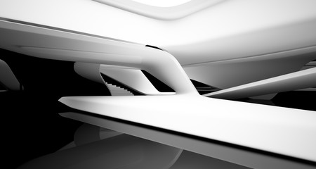 Abstract smooth architectural white and black gloss interior of a minimalist house with large windows. 3D illustration and rendering.