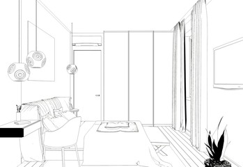 bedroom, contour visualization, 3D illustration, sketch, outline