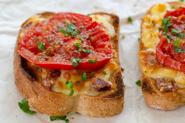 Healthy breakfast at home.Two slices of bread with cheese and tomato