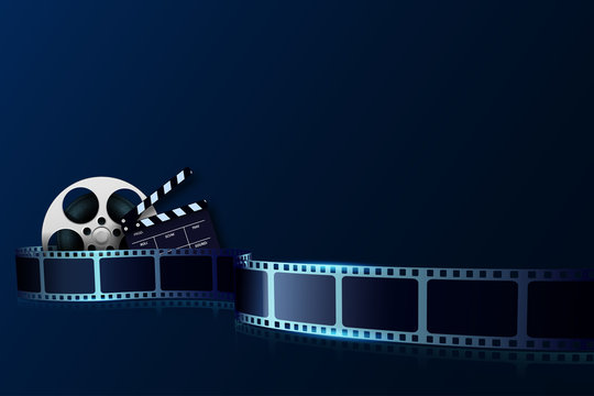 Cinema film strip wave, film reel and clapper board isolated on blue background. 3d Movie and film cinema festival poster. Design element template can be used for advertising, backdrop, brochure