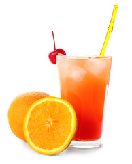 Glass of tasty summer cocktail on white background