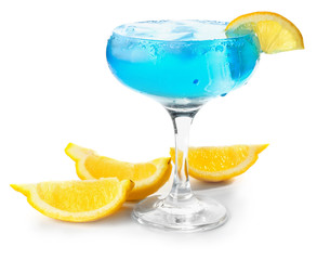 Glass of tasty summer cocktail on white background