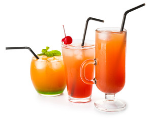 Glasses of tasty summer cocktails on white background