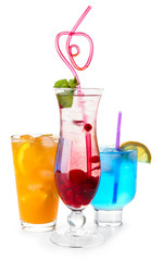Glasses of tasty summer cocktails on white background