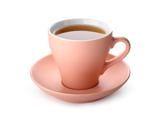 Cup of hot tea on white background