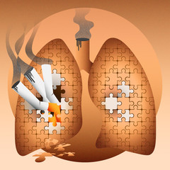 Concept: Lung cancer triggered by smoking. Smoke Fighting Campaign. Puzzles representing cells and the process of malignancy, oncology. Dark back.