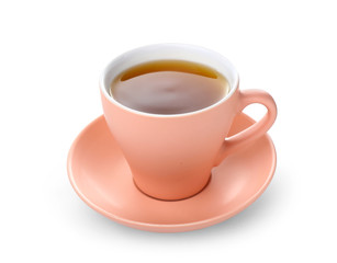 Cup of hot tea on white background