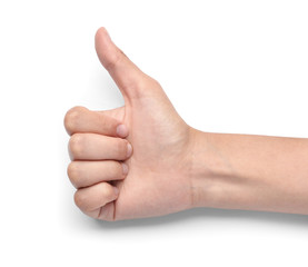 Female hand showing thumb-up gesture on white background