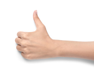 Female hand showing thumb-up gesture on white background
