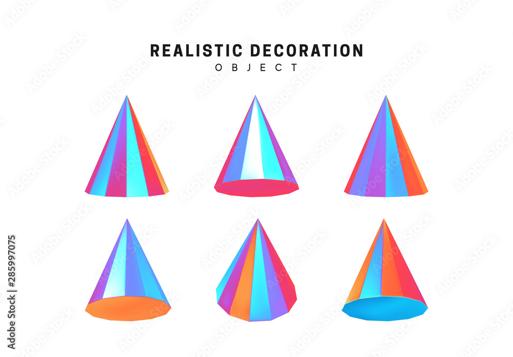 Poster set cones with holographic color gradient. realistic geometric shapes. hologram decorative design el
