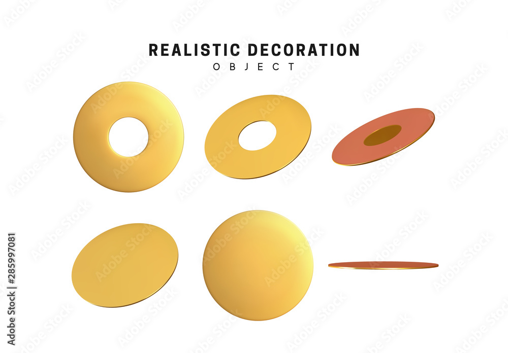 Poster set realistic geometric shapes flat round elements with hole, gold color gradient. decorative design