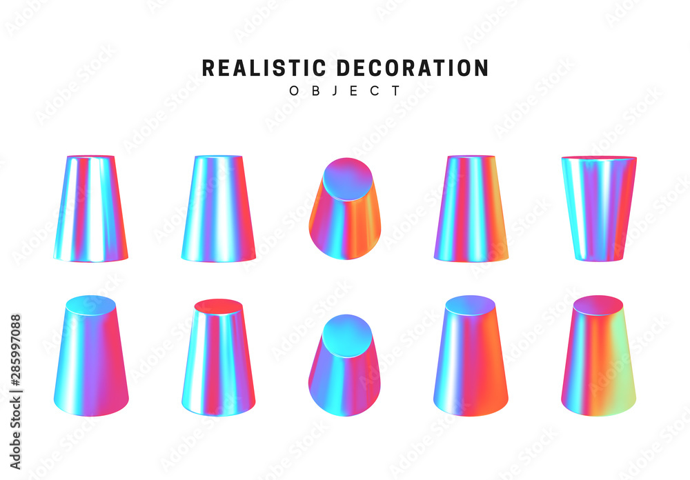 Aufkleber set cones with holographic color gradient. realistic geometric shapes. hologram decorative design el