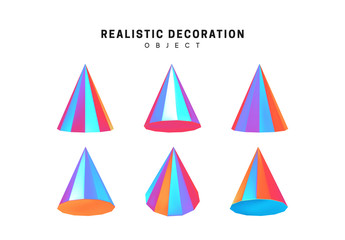 Set cones with holographic color gradient. Realistic geometric shapes. Hologram decorative design elements isolated white background. 3d objects cone-shaped blue color. vector illustration.