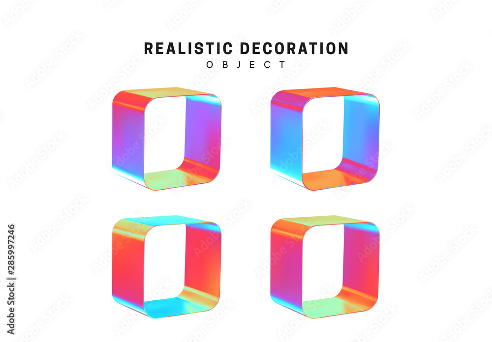Poster set through and hollow cubes. square realistic geometric shapes with holographic color gradient. hol