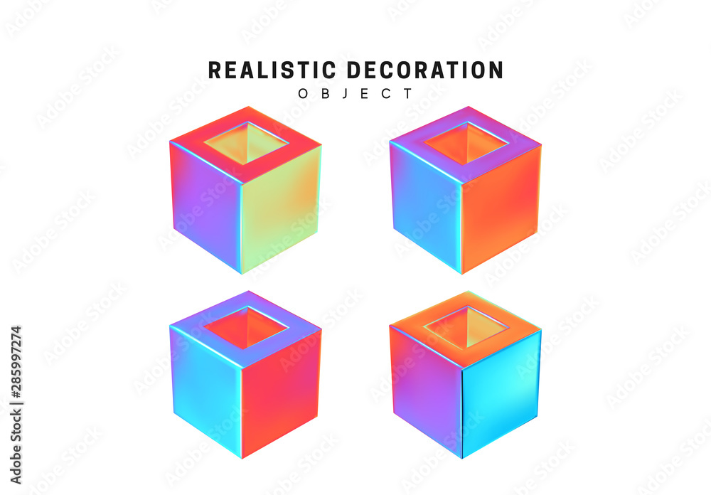 Poster set cube. square realistic geometric shapes with holographic color gradient. hologram decorative des