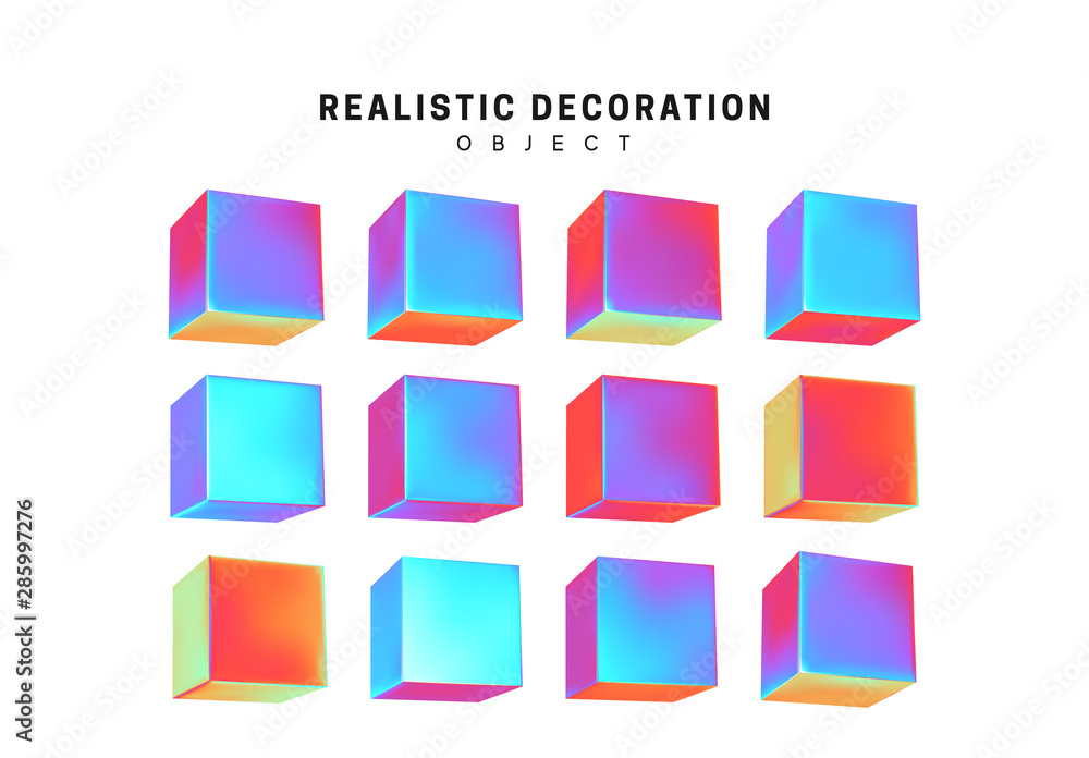 Poster set cube. square realistic geometric shapes with holographic color gradient. hologram decorative des