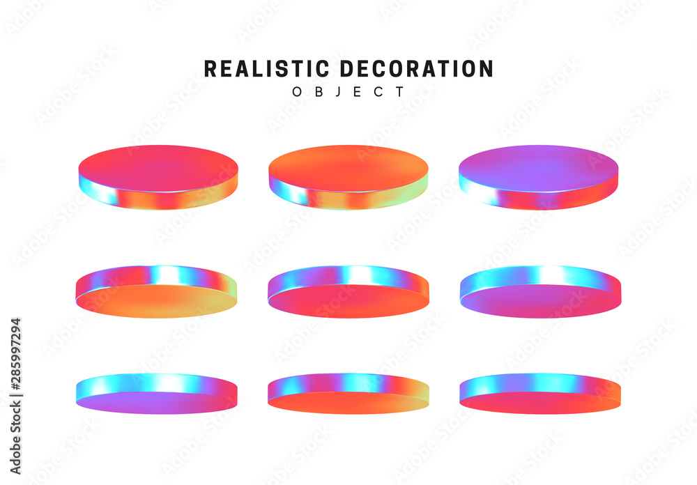 Poster set flat round plates round timber. realistic geometric shapes with holographic color gradient. holo