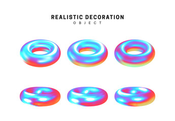 Set torus. Donut Realistic geometric shapes with holographic color gradient. Hologram decorative design elements isolated white background. 3d objects shaped blue color. vector illustration.