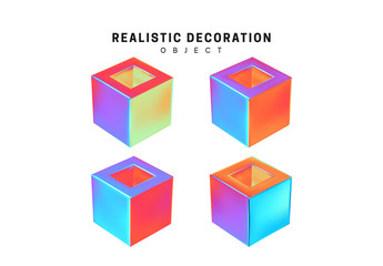 Set Cube. Square Realistic geometric shapes with holographic color gradient. Hologram decorative design elements isolated white background. 3d objects shaped blue color. vector illustration.