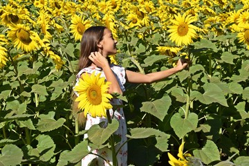 Teenage girl on a field of sunflowers.