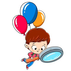 Boy with a magnifying glass flying with balloons - 285999604