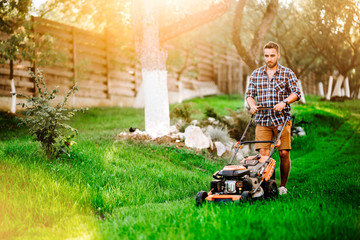 Portrait of professional gardener using lawn mower and cutting grass during summer sunset
