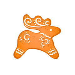 Gingerbread deer isolated on white background. Christmas handmade cooky icon. Winter holidays concept.Vector 10 EPS illustration.