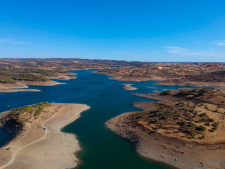 Aerial view from a dam in Alentejo Portugal, The Chanza River. Drone view