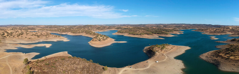Aerial view from a dam in Alentejo Portugal, The Chanza River. Drone view