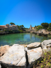 Scenic view in Cascais, Santa Marta Lighthouse and Museum, Lisbon district, Portugal. August 2019