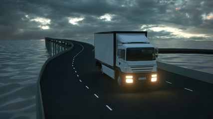 Delivery Truck with Other Commercial Vehicles on Bridge 3d rendering