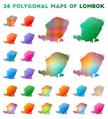 Set of vector polygonal maps of Lombok. Bright gradient map of island in low poly style. Multicolored Lombok map in geometric style for your infographics.