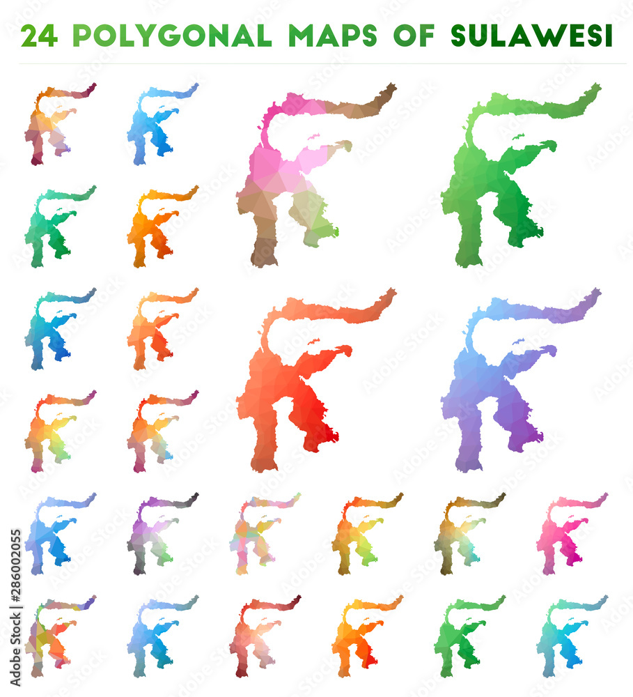 Aufkleber set of vector polygonal maps of sulawesi. bright gradient map of the island in low poly style. multi