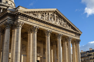 The "Panthéon" national facade, Latin Quarter in Paris, France. "To the great men, from a grateful nation"(in french on the picture) is written on the pediment.