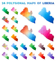 Set of vector polygonal maps of Liberia. Bright gradient map of country in low poly style. Multicolored Liberia map in geometric style for your infographics.