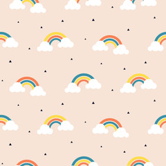 Cute rainbow and clouds beige seamless pattern.