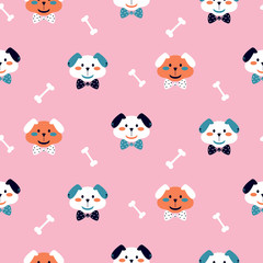 Seamless vector pattern with cute puppies on a pink background.