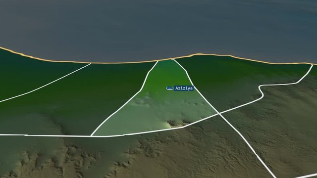 Al Jifarah - district of Libya with its capital zoomed on the physical map of the globe. Animation 3D