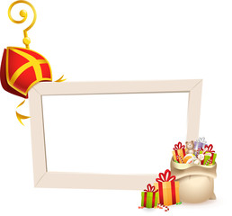 Saint Nicholas or Sinterklaas theme frame with golden crosier stick mitre and gifts - social media frame isolated on transparent background