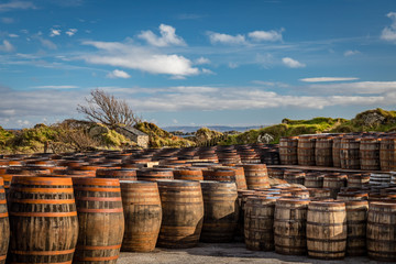 Rows of used whiskey barrels of graduating sizes sit in front of windswept coastal grassy hills below deep blue skies at Ardbeg Distillery in Scotland
