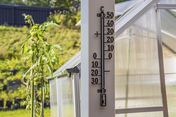 Close up view of outdoor thermometer on white wooden pillar. Beautiful summer backgrounds.