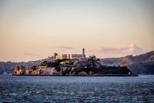 Alcatraz Island at sunset seen from the ferry from Sausalito to San Francisco