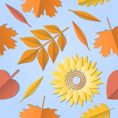 Obraz premium Autumn seamless pattern with foliage, leaves, fall, sunflower. Paper cut out art, vector illustration, abstract background