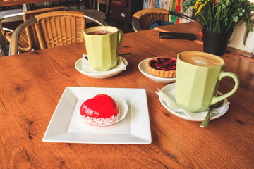 Cakes, tea and coffee in Coffee shop.