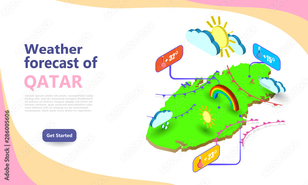 Wall mural weather forecast map of qatar. isometric set icons location on country. vector widgets layout of a m