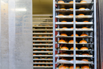 Freshly baked bread rolls on a baker's shelf trolley at a bakery.