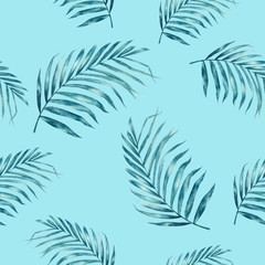 Coconut leaf hand drawn watercolor illustration. Seamless pattern.