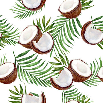 Coconut hand drawn watercolor illustration. Seamless pattern.
